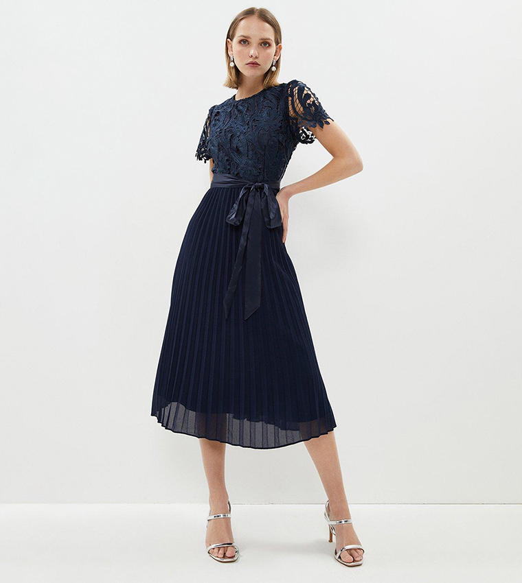 NEW CALVIN KLEIN Navy CREPE Pleated PUFF SLEEVE Belted TEA LENGTH