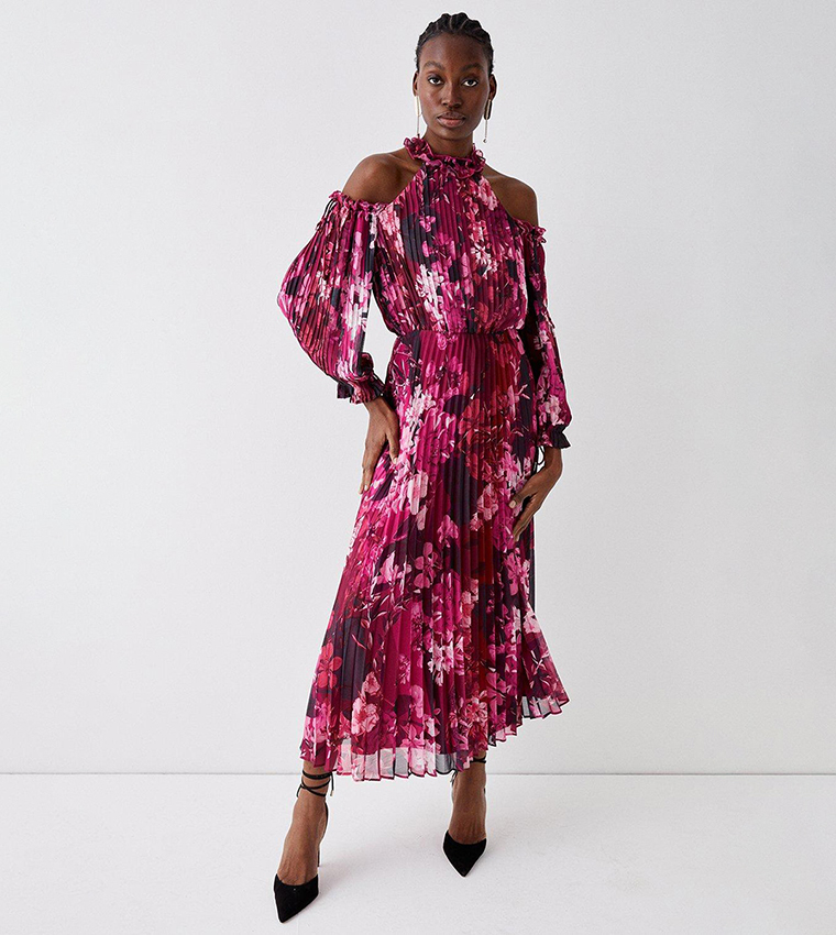 Buy Coast Cold Shoulder Pleated Chiffon Midaxi Dress In Red