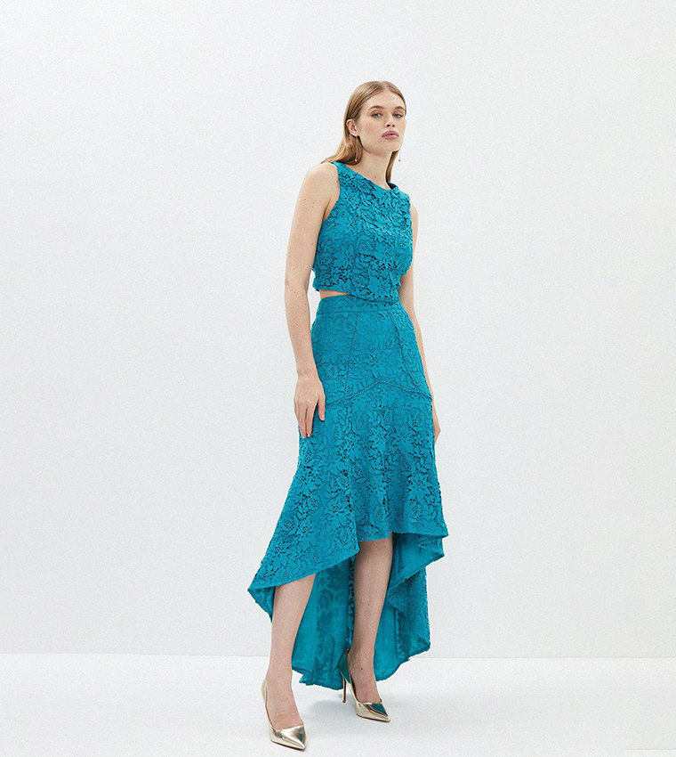 Buy Coast Lace Contrast Trim High Low Hem Midi Skirt In Teal 6thStreet Kuwait