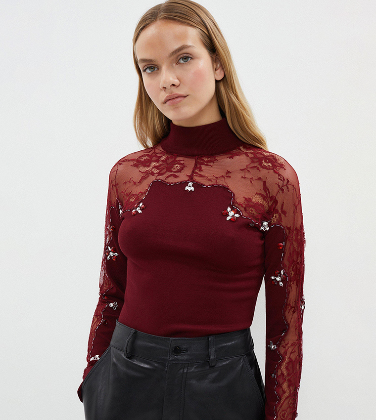 Lace Insert Beaded Jumper