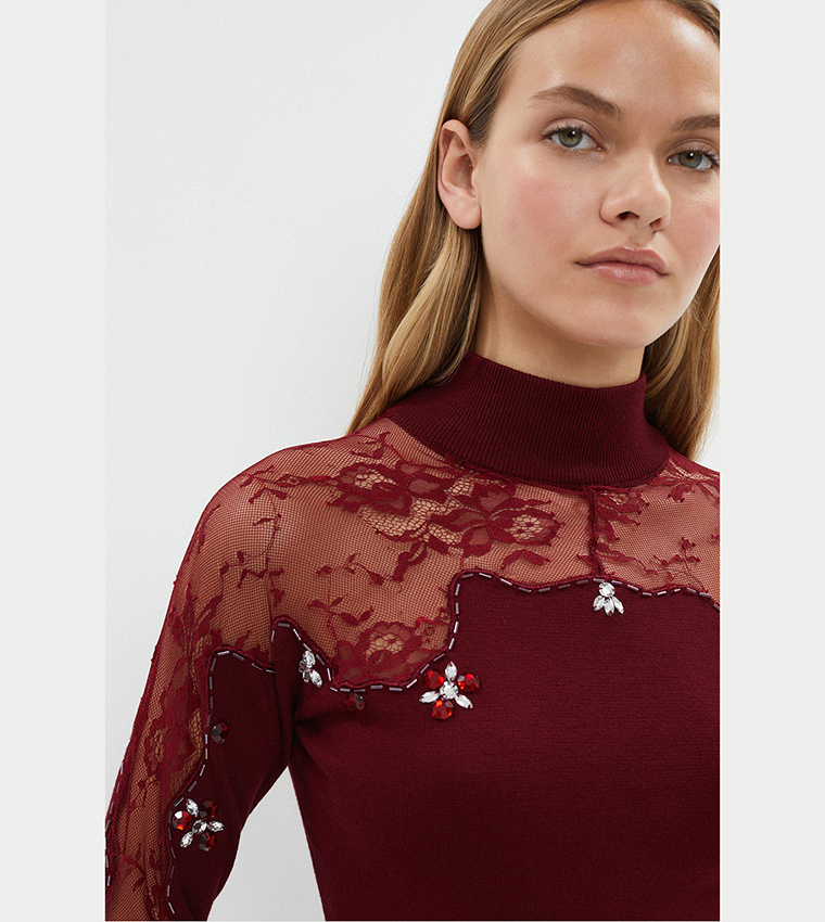 Lace Insert Beaded Jumper