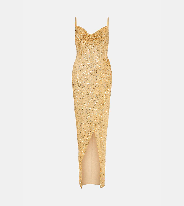 Buy Coast Cowl Neck Corset Bodice Sequins Maxi Dress In Gold | 6thStreet  Oman