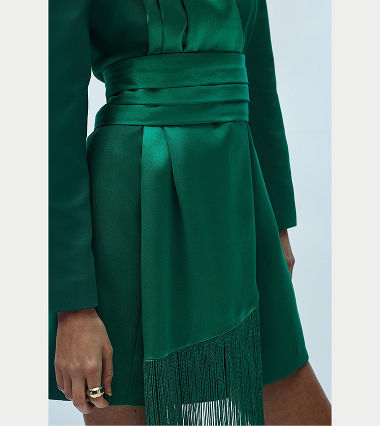green emerald velvet dress Women Solid Green V-Neck Sleeveless Button-Up Buckle Belted Straight Hem  Mini Blazer Dress
