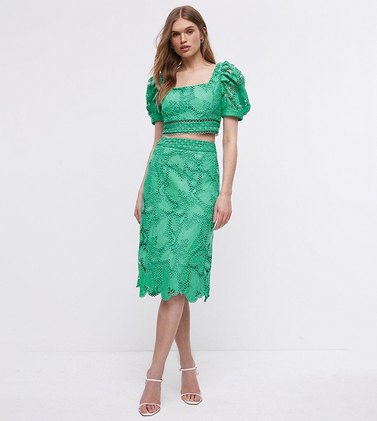 Green pencil skirt lace best sale