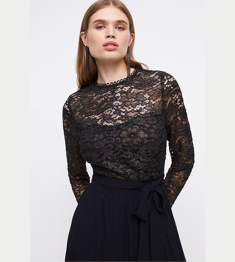 Buy Coast Metallic Long Sleeves Lace Bodice Pleat Dress In Black |  6thStreet UAE