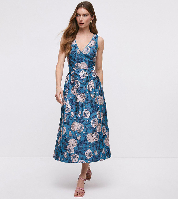 Buy Coast Cross Front Jacquard Midi Dress In Blue | 6thStreet Saudi Arabia