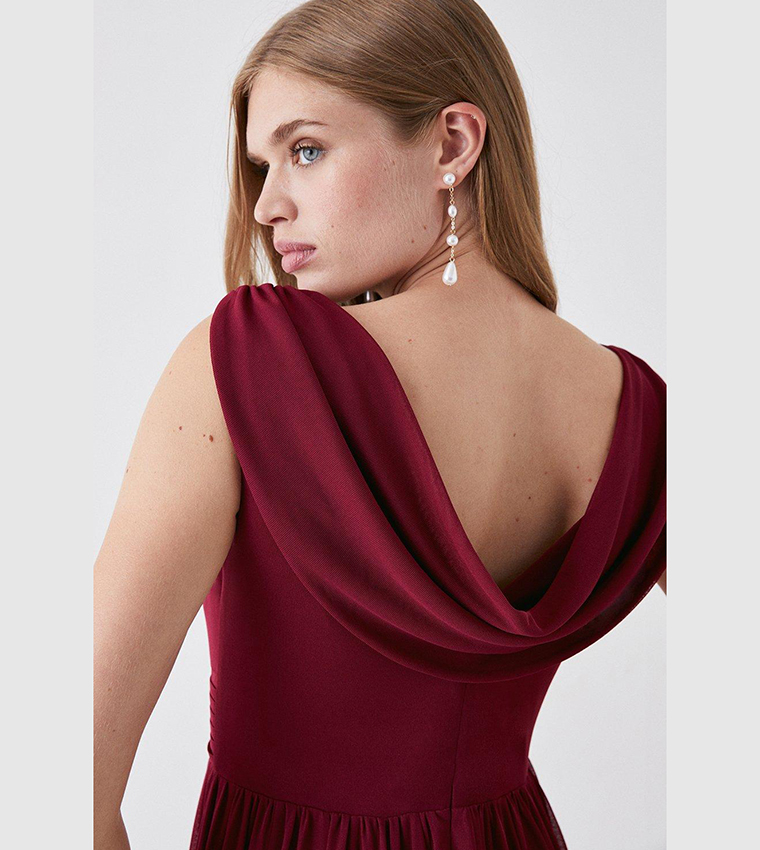 Buy Coast Outlet Cowl Back Stretch Mesh Full Skirted Bridesmaids Maxi Dress In CRANBERRY 6thStreet Bahrain