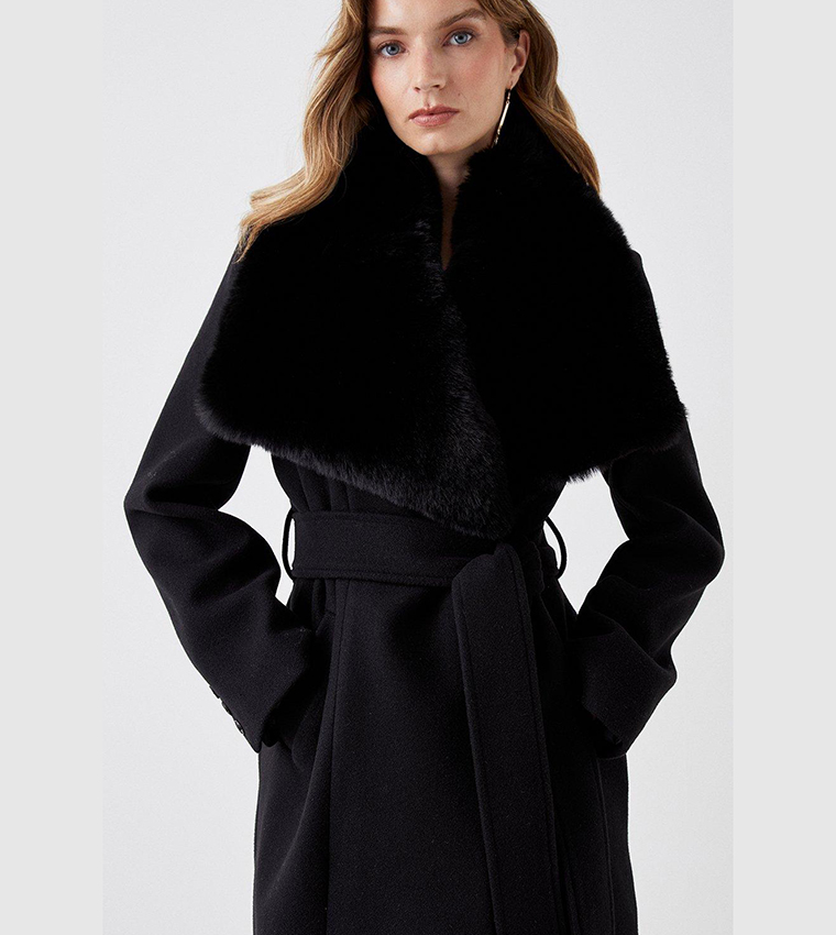 Buy Coast Faux Fur Collar Belted Wrap Coat In Black | 6thStreet UAE