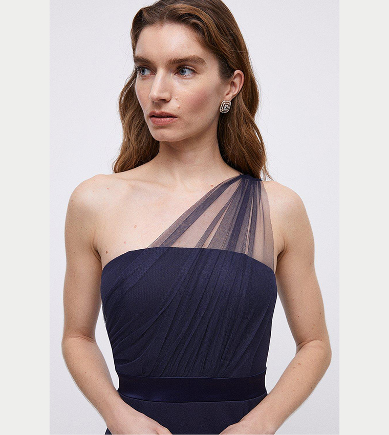 one shoulder mesh bridesmaid dress Hanh One Shoulder Mesh Maxi Dress / Tan | MESHKI