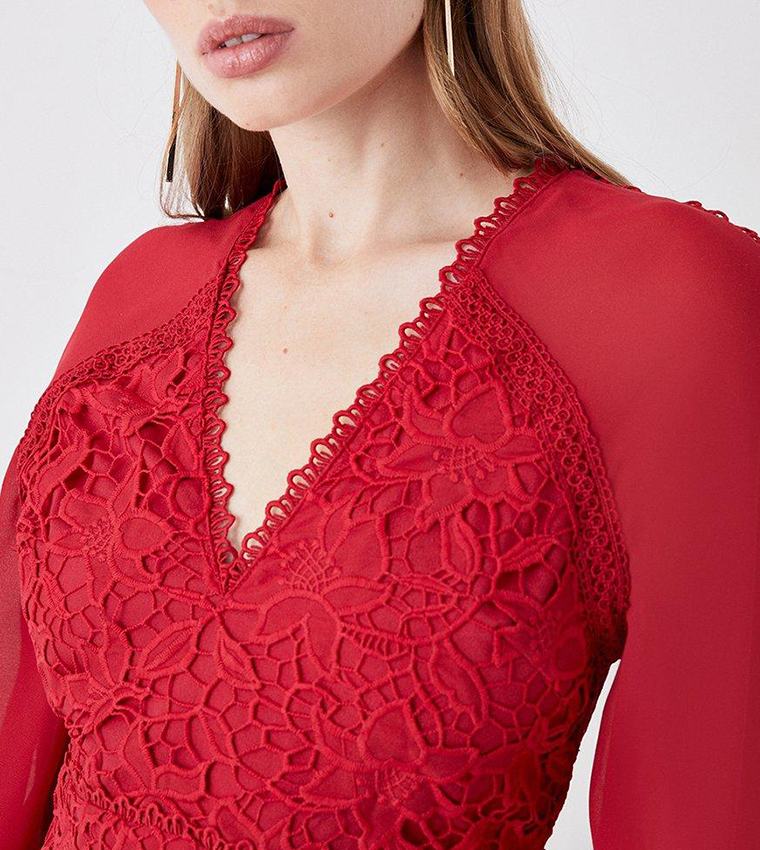 Buy Coast Georgette Lace Tiered Midi Blouson Sleeves Dress In Red