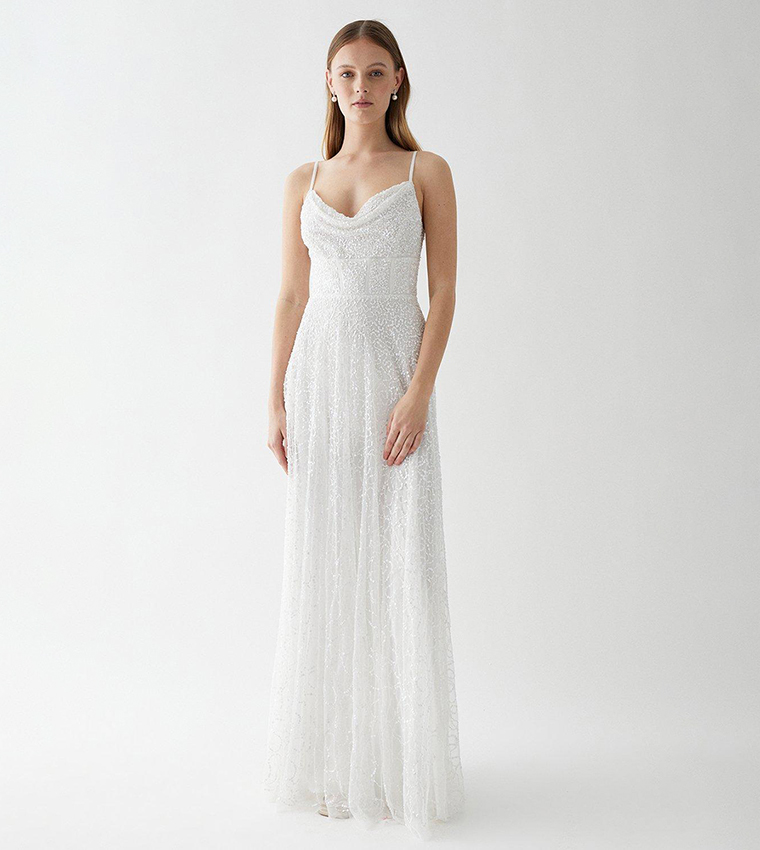 Cowl Neck Corset Full Skirted Maxi Dress
