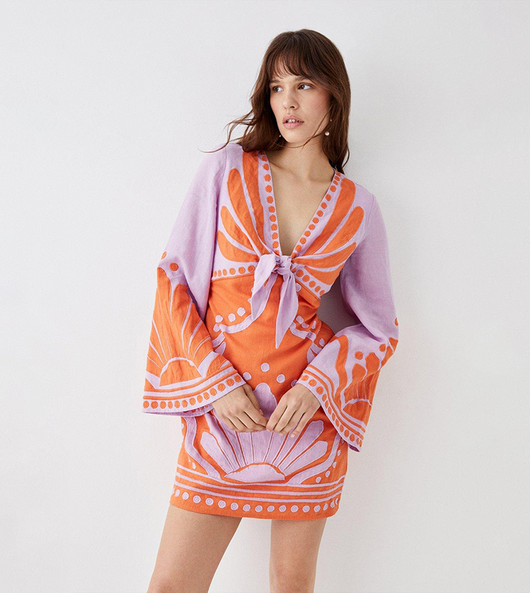 Buy Coast Linen Tie Front Applique Embroidered Mini Dress In Orange |  6thStreet Oman