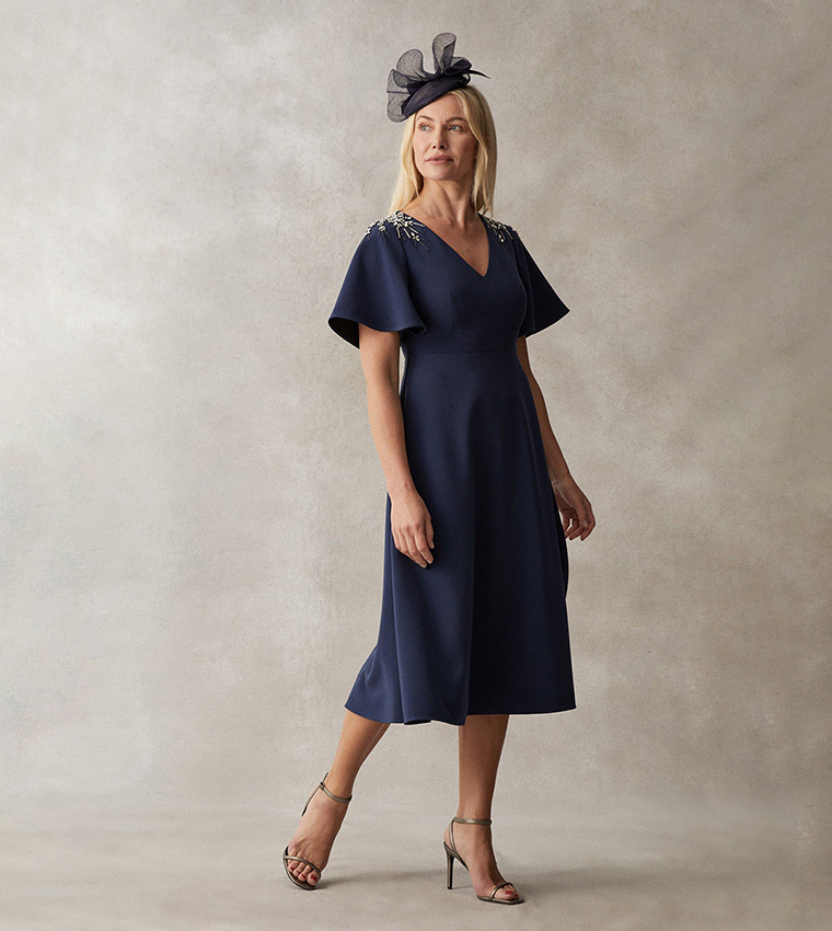 Buy Coast Premium Flutter Sleeves Embellished Midi Dress In Navy 6thStreet UAE