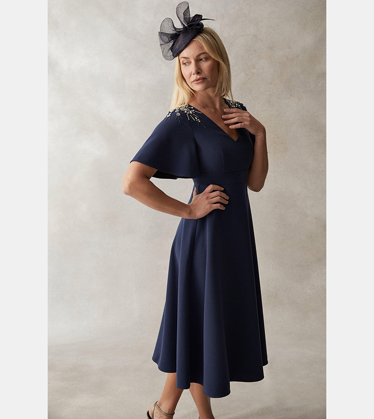 Buy Coast Premium Flutter Sleeves Embellished Midi Dress In Navy ...