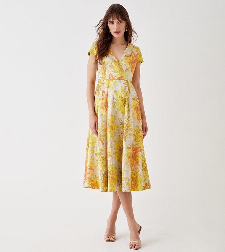 Warehouse strappy midi dress in hot sale yellow jacquard