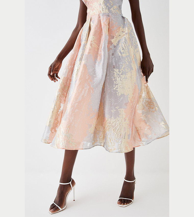 coast rose gold dress Rose Coast Asymmetric Pleated Midi Holiday Dress With Gold Detail