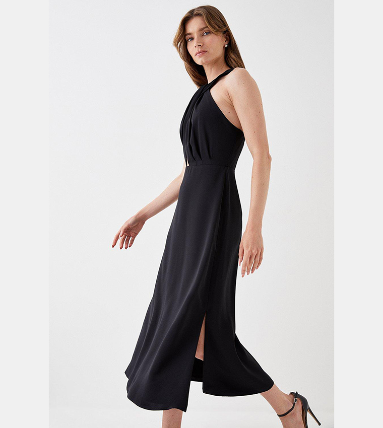 Black Twist Neck Midi Dress