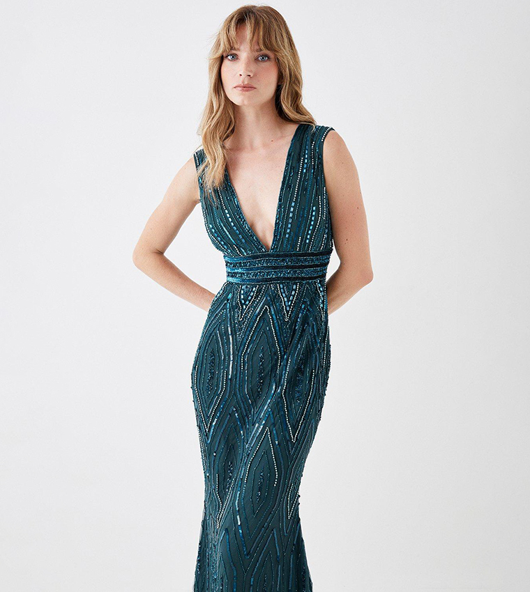 Buy Coast Art Deco Plunge Neck Beaded Ball Gown In Teal | 6thStreet Bahrain