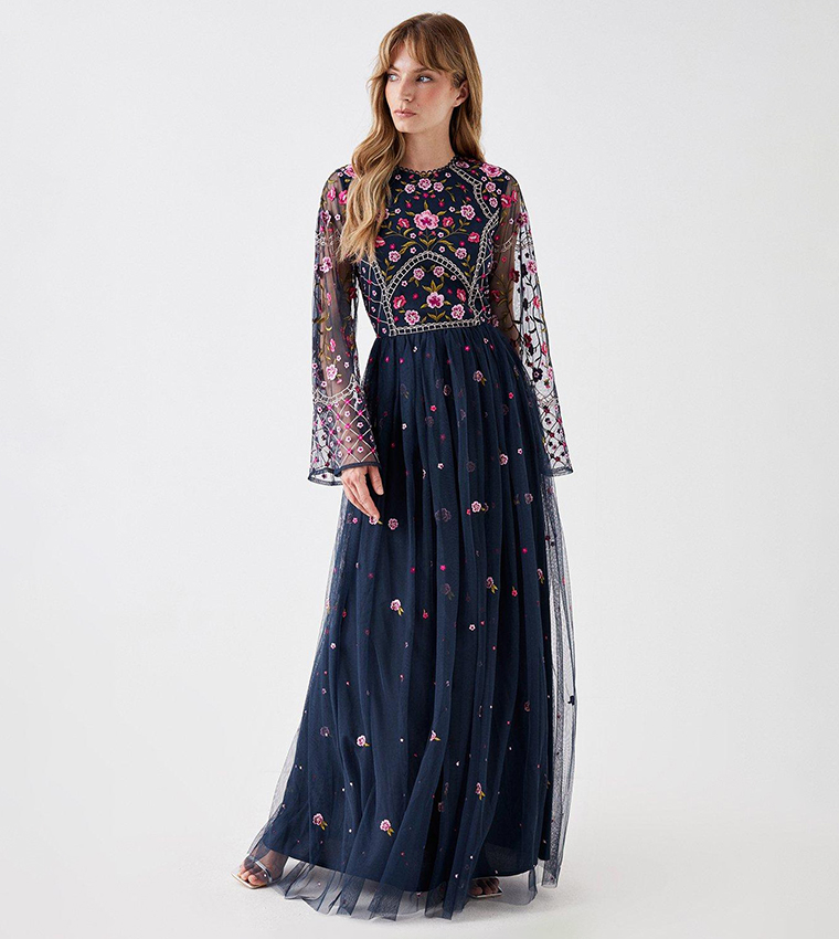 Buy Coast Flared Sleeves Floral Embroidered Midi Dress In Navy 6thStreet Bahrain