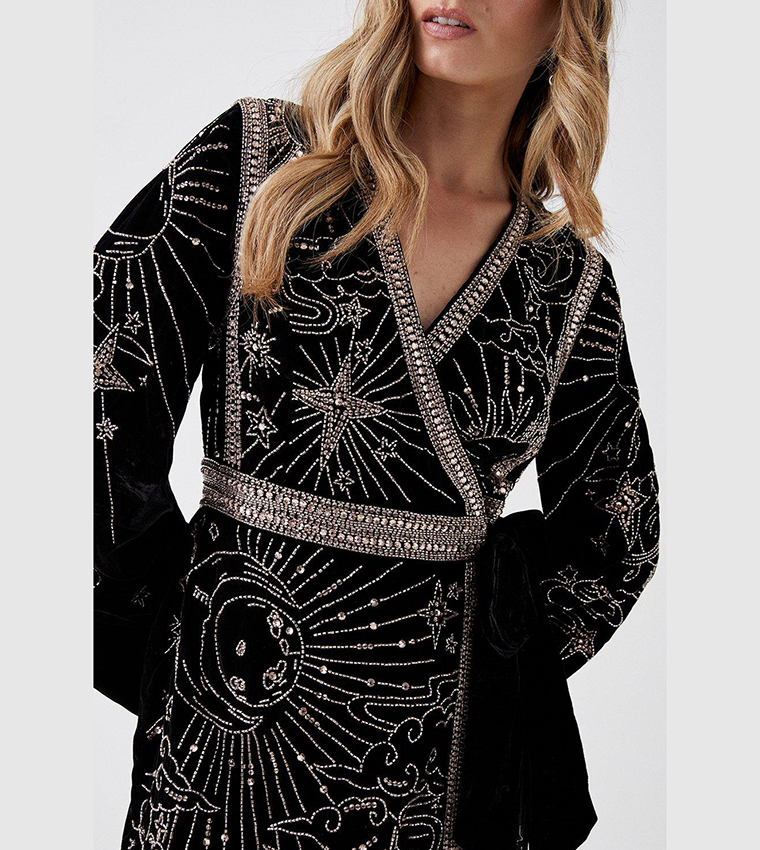 Velvet Wrap Mini Dress with Scatter Embellishment