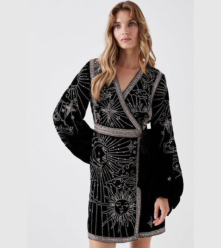 Velvet Wrap Mini Dress with Scatter Embellishment