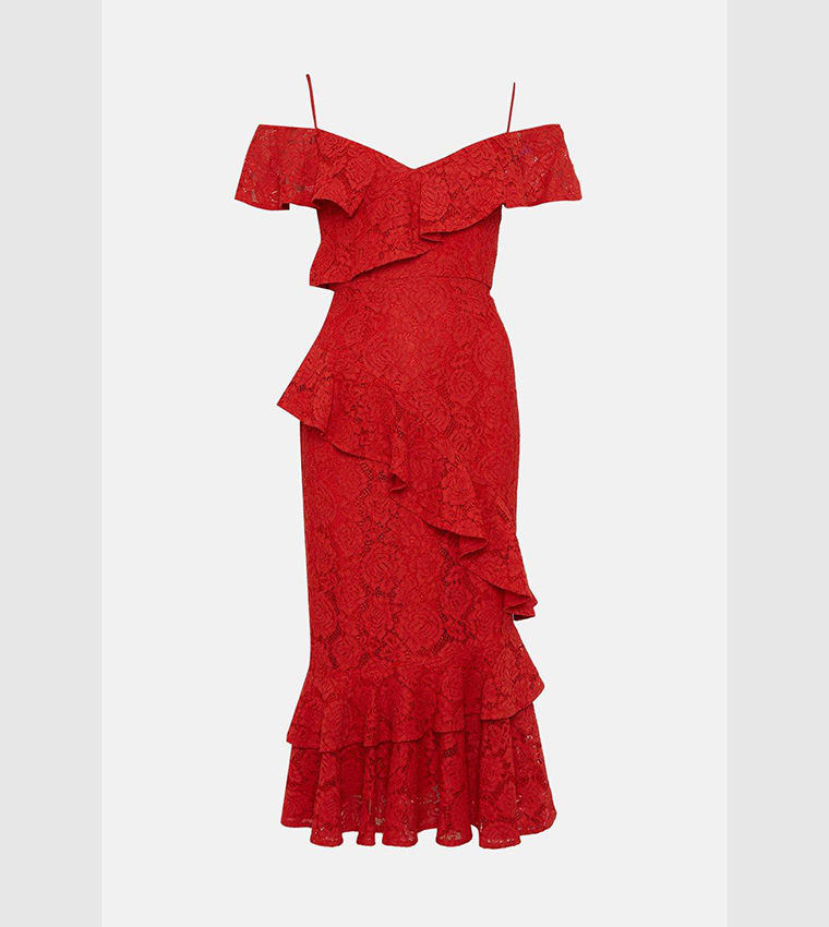 Buy Coast Sophie Habboo Asymmetric Lace Midi Dress In Red 6thstreet Kuwait 5530