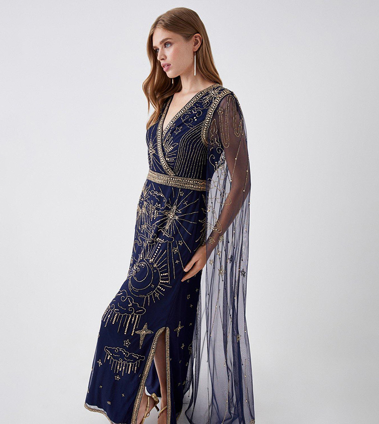 Buy Coast Embellished Mesh Cape Detail Maxi Dress In Navy | 6thStreet UAE