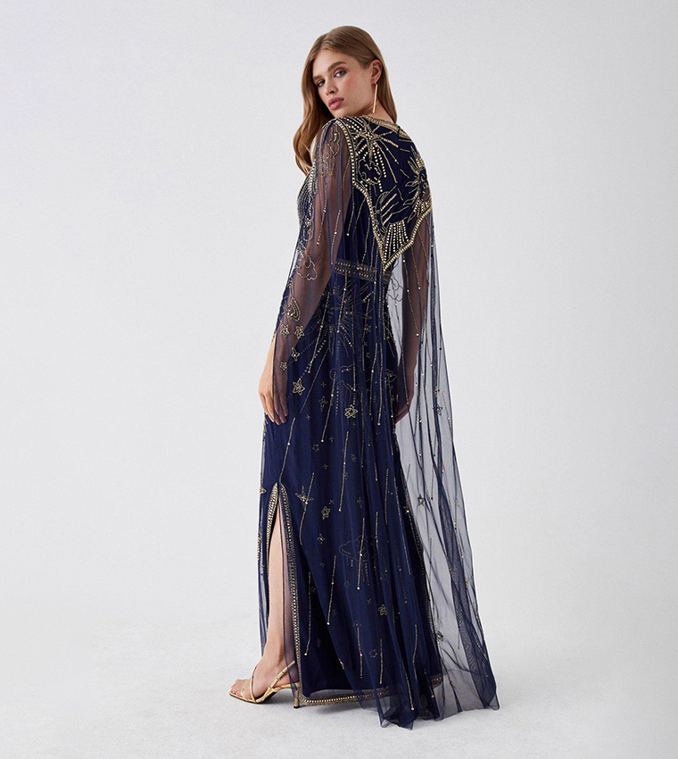 Buy Coast Embellished Mesh Cape Detail Maxi Dress In Navy | 6thStreet UAE