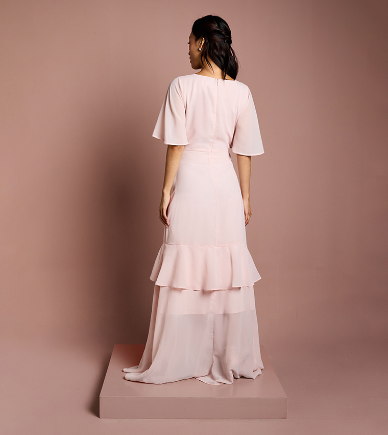 Flutter Sleeves Layered Bridesmaids Maxi Dress