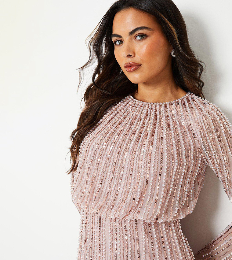 Linear Sequin Embellished Long Sleeves Midi Dress