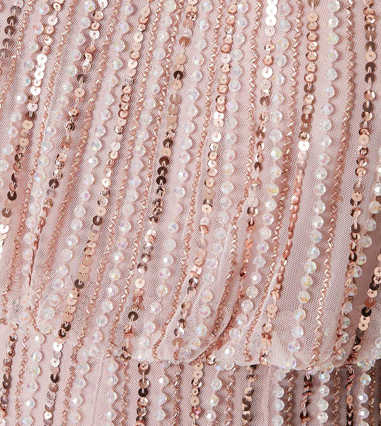 Linear Sequin Embellished Long Sleeves Midi Dress