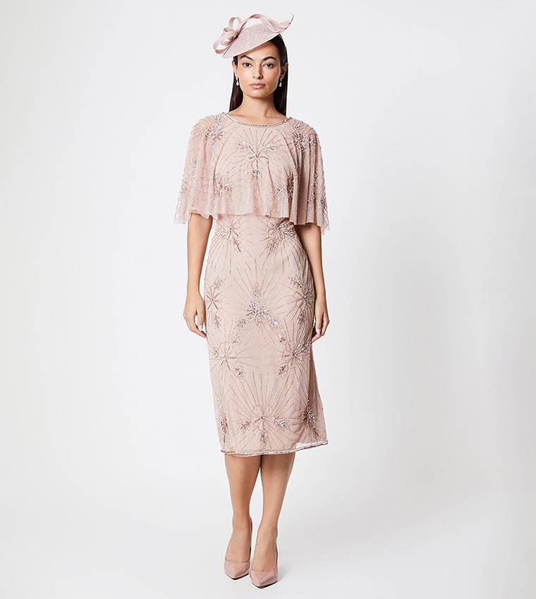 Floral Embellished Cape Midi Dress
