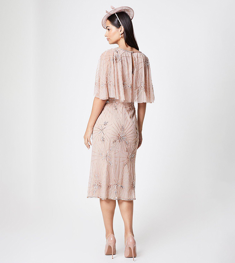 Floral Embellished Cape Midi Dress