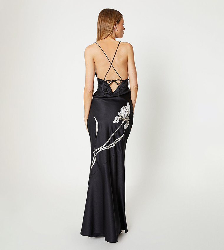 Floral Embroidered Satin Slip Dress with Spaghetti Straps