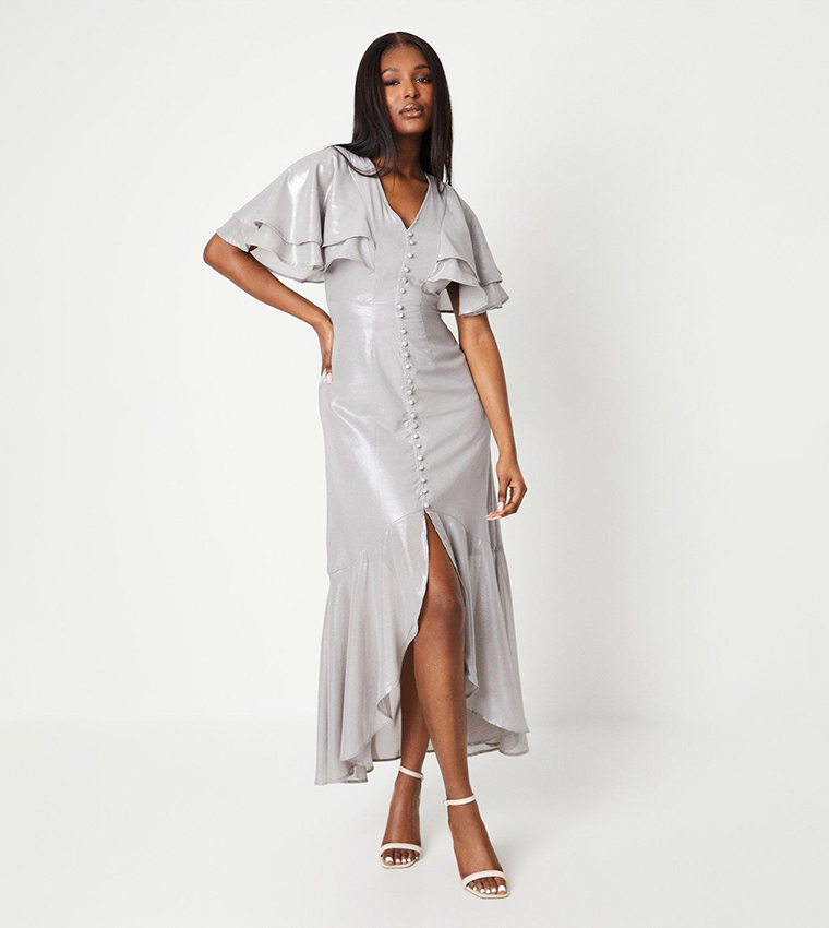 Buy Coast Midaxi Metallic Dress With Frill Sleeves In Silver 6thStreet Qatar