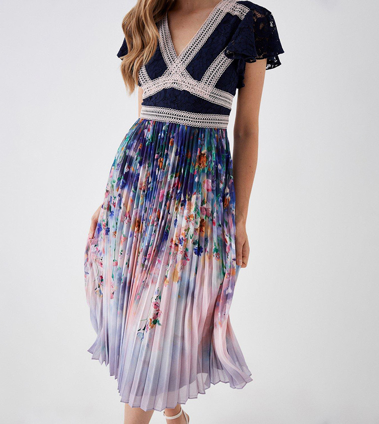 7000087 Royal Blue Lace Top Pleated Skirt Evening main image 0