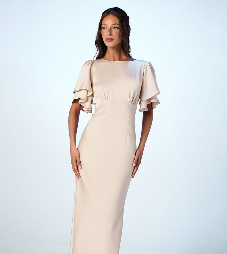 princess polly baby blue dress Beige Short Midi Evening Dress with Belt Long Sleeves Tea Length Women  Formal Wedding Party Gowns – DreamyVow main image 0