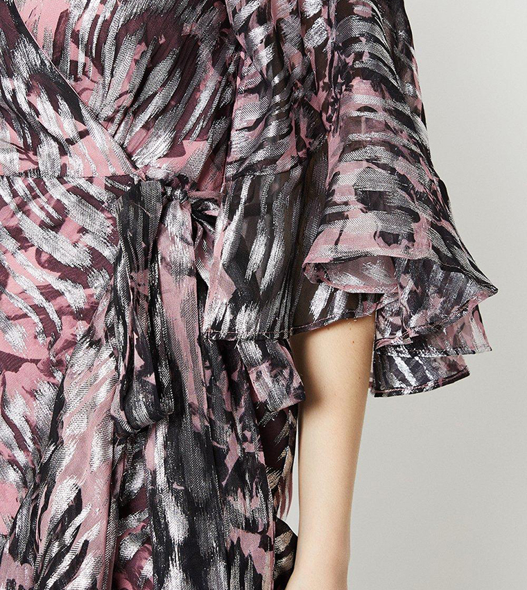 Metallic Chiffon Cape Back Wrap Dress