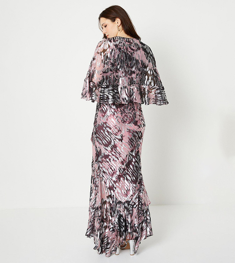Metallic Chiffon Cape Back Wrap Dress