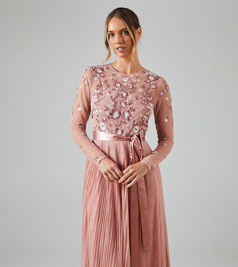 Embroidered Floral Bodice Pleated Bridesmaids Midi Dress