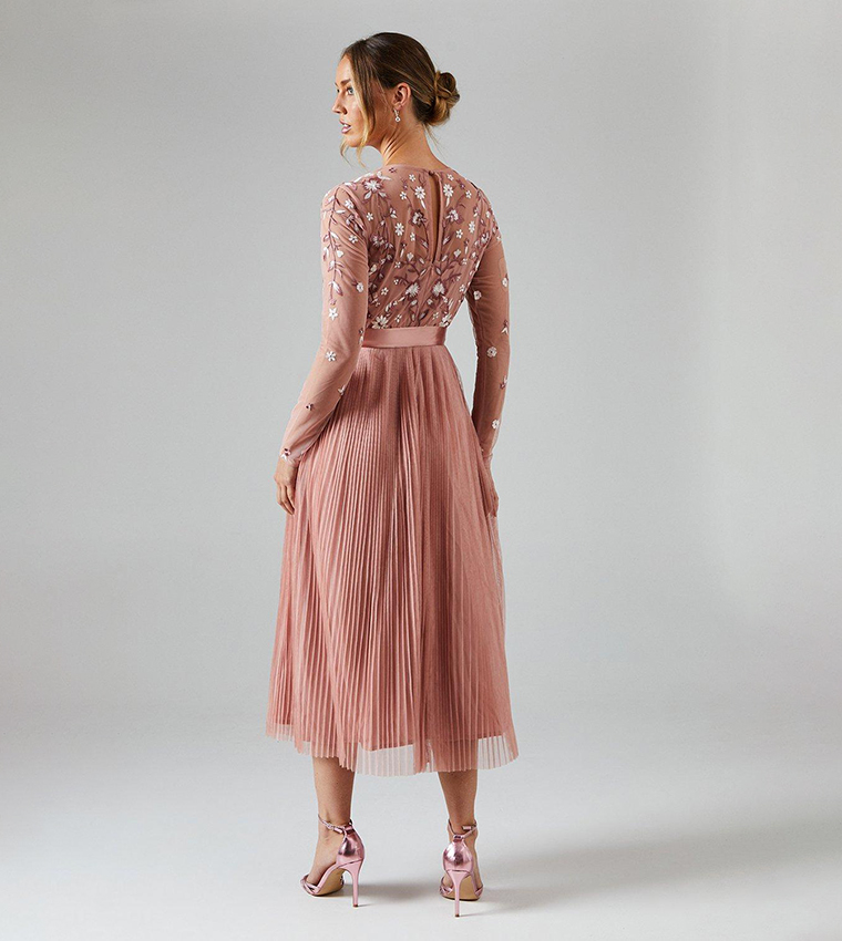 Embroidered Floral Bodice Pleated Bridesmaids Midi Dress