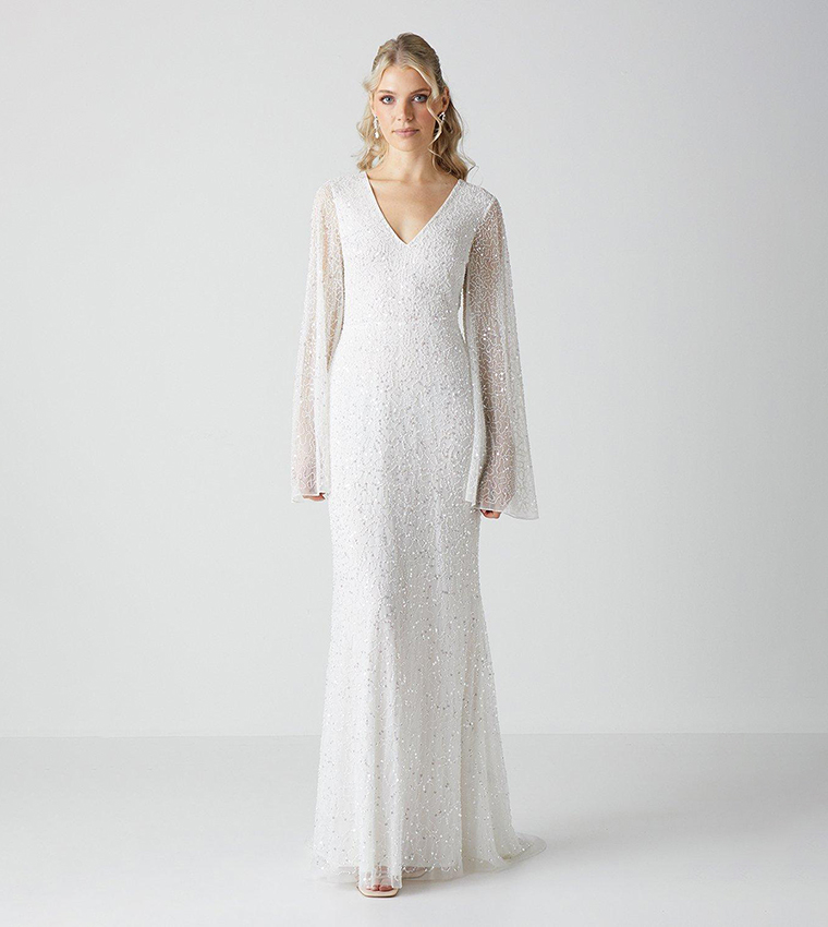 V Neck All Over Embellished Flare Sleeves Wedding Dress