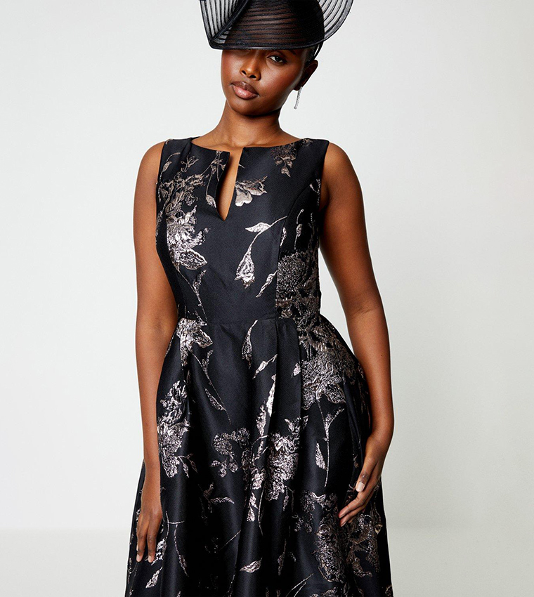 Buy Coast Petite Notch Neck Jacquard Midi Dress In Black | 6thStreet ...