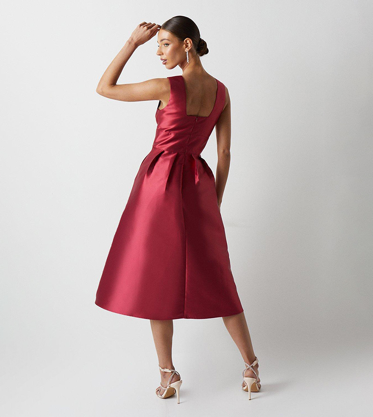 Plunge Neck Structured Twill Midi Dress