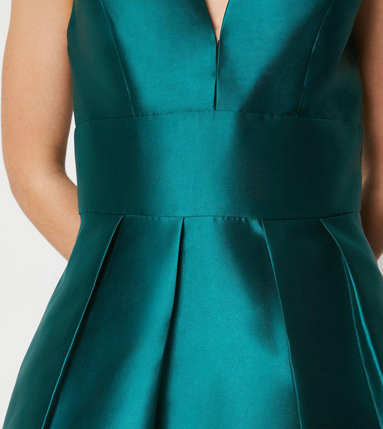 Plunge Neck Structured Twill Midi Dress