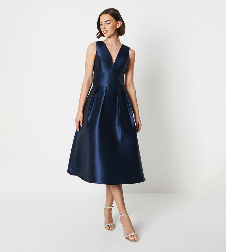 Plunge Neck Structured Twill Midi Dress