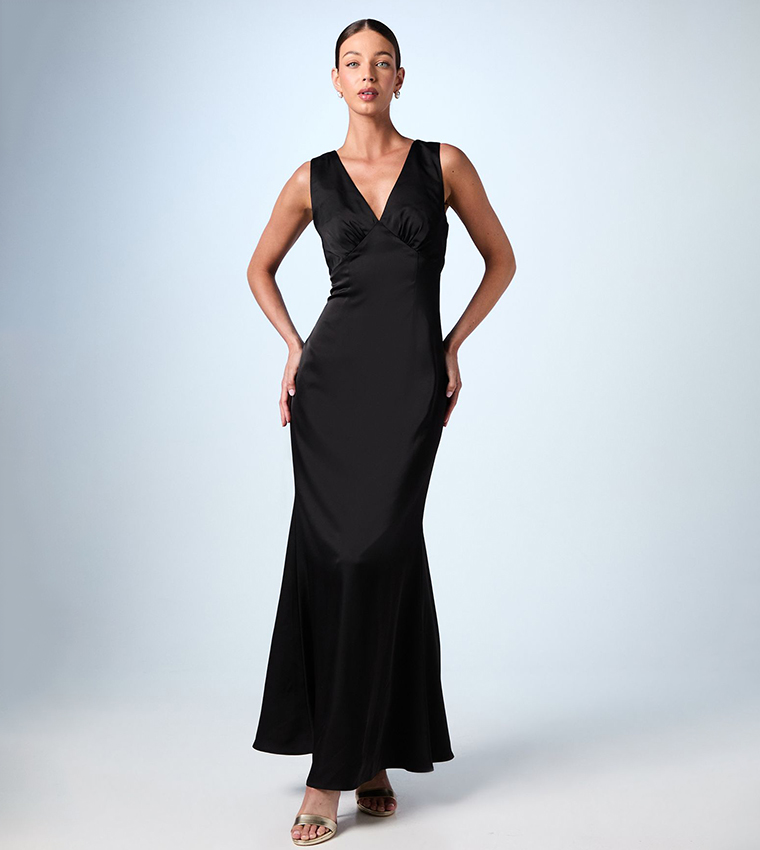 Bow Back V-Neck Satin Bridesmaid Dress