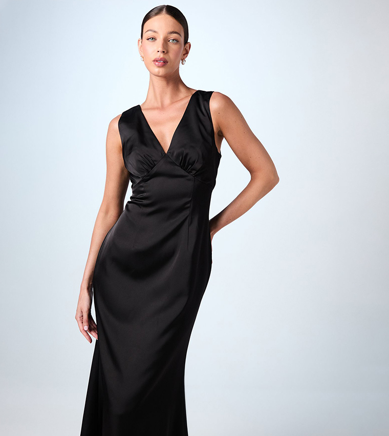 Bow Back V-Neck Satin Bridesmaid Dress