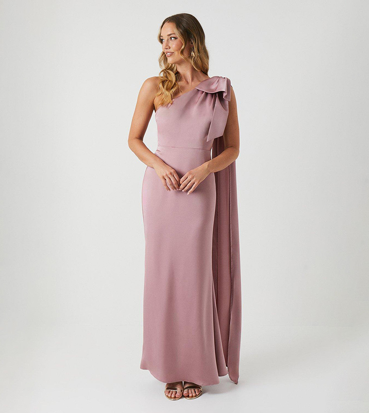 Bow and Drape Detail One Shoulder Satin Bridesmaids Dress