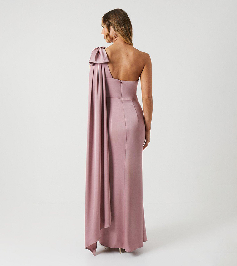 Bow and Drape Detail One Shoulder Satin Bridesmaids Dress